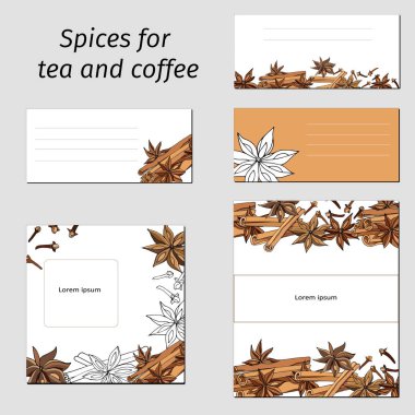 Kafelerin, restoranların, reklamların, posterlerin menüsünü süslemek için tarçın ve anason içeren vektör şablonları. Şirket kimliği için metin çerçeveleri ile ayarla.