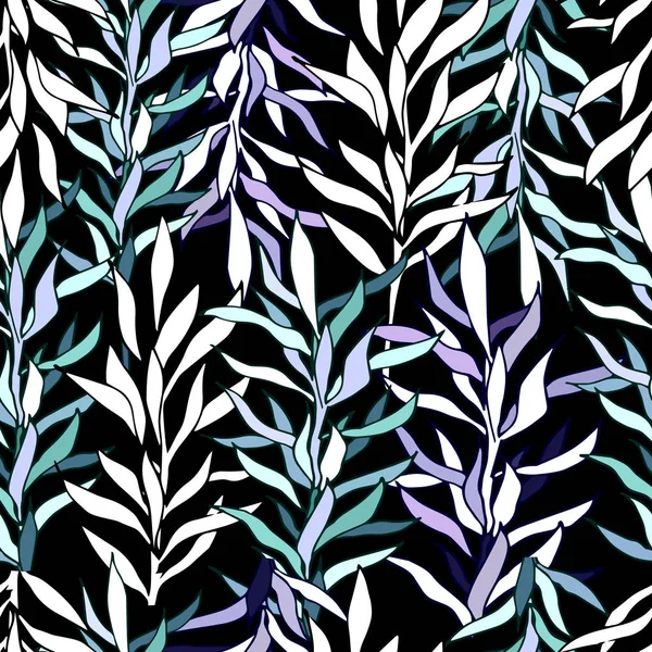 Patrón de contraste de hierbas claras sobre un fondo negro. Ilustración dibujada a mano sin costura vectorial . — Vector de stock