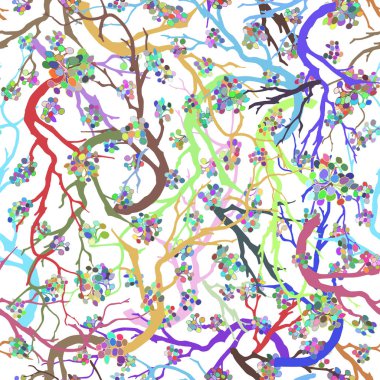 Çok renkli çiçekleri ve dalları olan, doğulu, pürüzsüz bir desen. Çocuk vektörü, karikatür arkaplanı kumaş, fayans, duvar kağıdı..