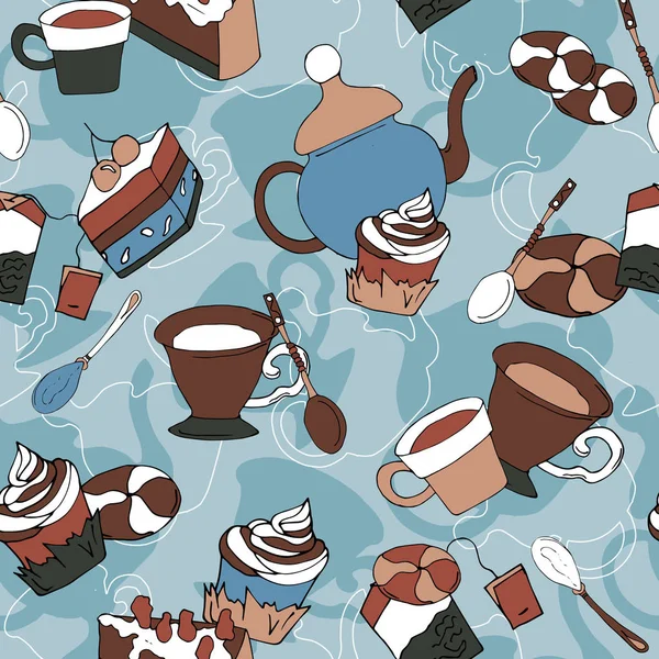 Seamless pattern of cups, spoons, teapots and cupcakes on a blue background. Vector endless illustration of kitchen items and sweets for fabric and paper.
