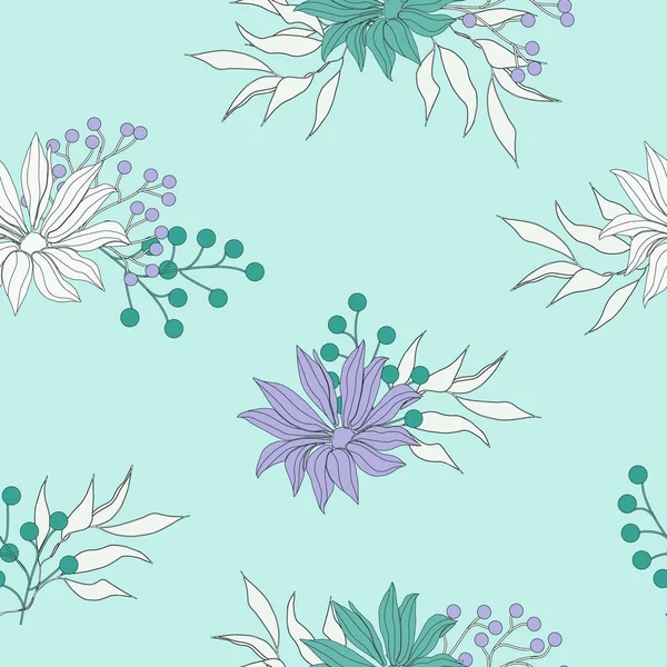 Turkuaz arka planda boyanmış çiçekler. Kumaş ve fayans için kusursuz vektör deseni.