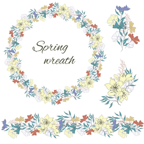 Set de guirnaldas y ramos de flores sobre fondo blanco. Vector flores de primavera en estilo vintage . — Vector de stock