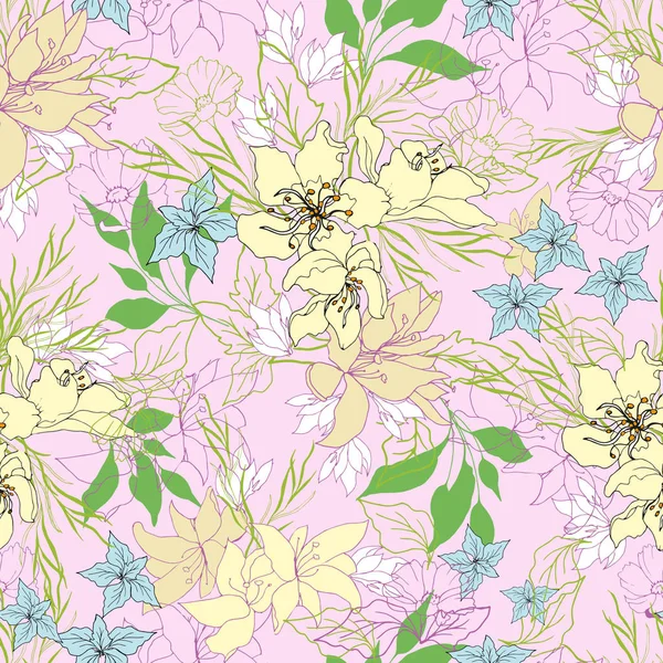 Frühling rosa Hintergrund mit tropischen Blumen. Vektor nahtlose Muster für Karten, Papier, Stoff und Fliesen. — Stockvektor