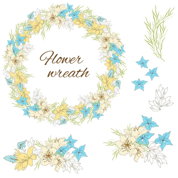 Set floral dans un style rétro sur un fond blanc de délicates fleurs claires. Illustration vectorielle, brosse à fleurs et couronne . — Image vectorielle