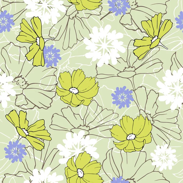 Seamless pattern of flowers drawn in ink on a green background. Contour and color daisies. Vintage texture for fabric, tile, wallpaper. — Stock Vector