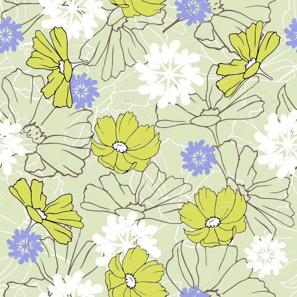 Seamless pattern of flowers drawn in ink on a green background. Contour and color daisies. Vintage texture for fabric, tile, wallpaper.