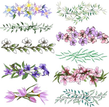 Tasarım için çiçek tarakları seti. Beyaz arka planda yeşil yapraklı bahar çiçeği desenleri. EPS 10.