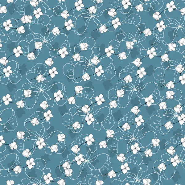 青い背景に白い花を持つシンプルな花模様 壁に布 タイル 紙や壁紙を飾るための花のベクトルの装飾を描いた — ストックベクタ