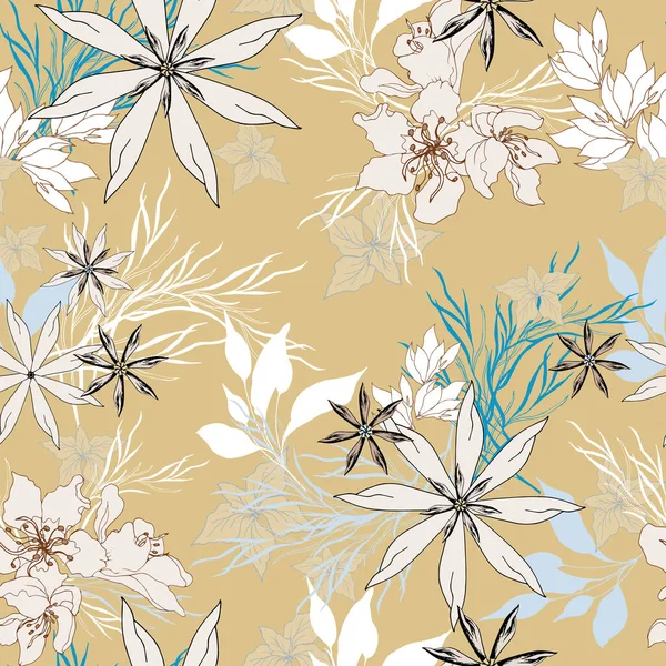 Florale Textur Für Stoff Nahtlose Verzierung Von Blumen Und Blättern — Stockvektor