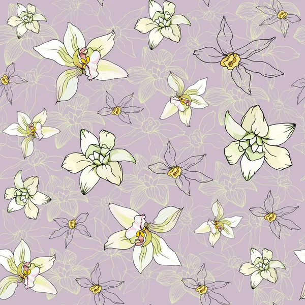 Patrón Inconsútil Floral Violeta Con Flores Vainilla Amarillas Fondo Vectorial — Vector de stock
