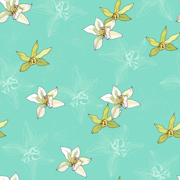 Tropisches Türkisfarbenes Blumenmuster Vektor Hintergrund Mit Gelben Vanilleblüten Für Das — Stockvektor