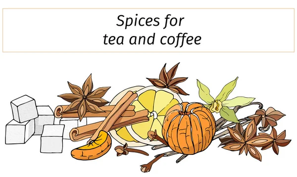 白を基調としたお茶とコーヒーのスパイスのベクトルバナー 冬の飲み物の材料はライム シナモン アニス バニラ みかんです — ストックベクタ