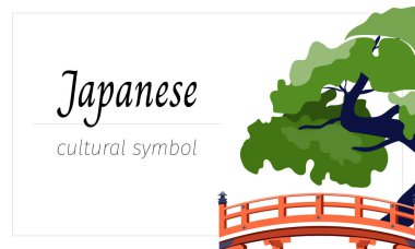Geleneksel Japon bahçesinin sembollü metinler için pankart. Bonsai 'nin vektör illüstrasyonu, düz şekilde kırmızı köprüler.