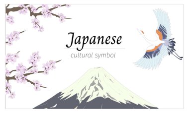 Geleneksel Fuji sembollü Japon afişi düz stil. Kağıtlar, posterler, selamlar için gökyüzündeki sakura dalları ve tsuru 'nun vektör çizimi.