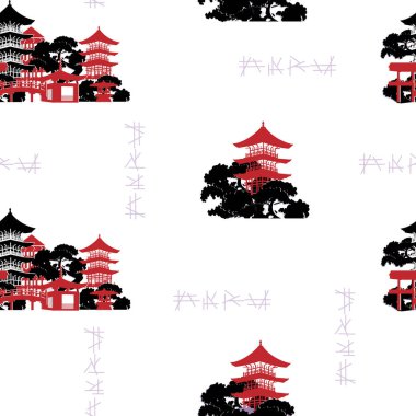Japonların kusursuz deseni. Kumaş, yatak ve dekorasyon kağıdı için beyaz arka planda ulusal konutların ve hava durumunun vektör illüstrasyonu.