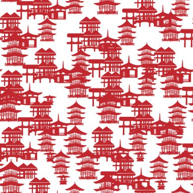 Ulusal evlerde ve pagodalarda Japon desenleri var. Kumaş, yatak ve dekorasyon için beyaz arkaplan üzerine kırmızı renkte vektör illüstrasyonu.