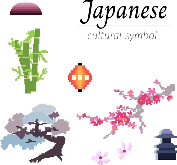 Pixel Conjunto Personajes Nacionales Japoneses Fuji Vector Elementos Diseño Bambú — Vector de stock