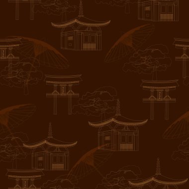 Ulusal evlerde ve pagodalarda Japon desenleri var. Kumaş, yatak ve dekorasyon için beyaz arkaplan üzerine kırmızı renkte vektör illüstrasyonu.