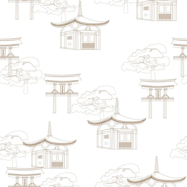 Patrón Ligero Sin Costuras Estilo Japonés Ilustración Vectorial Pagodas Contorno — Vector de stock