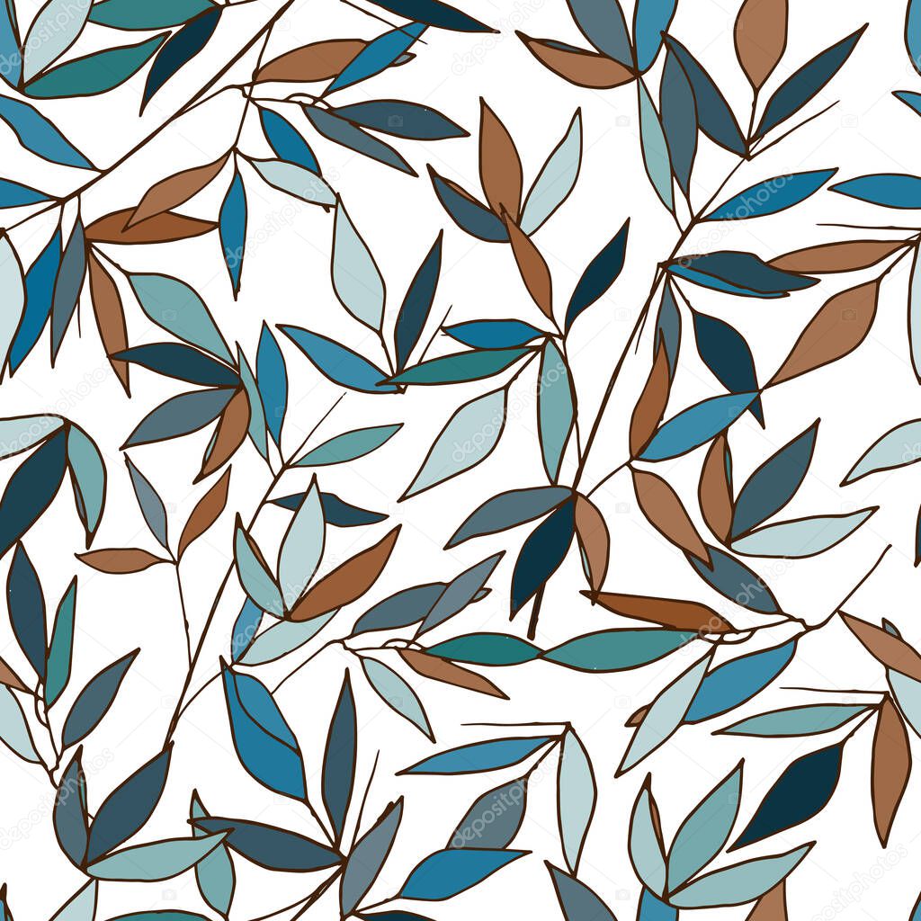 Textile seamless pattern with leaves. Vector endless floral texture hand-drawn on a white background for fabric, home textile, tile and wallpaper on the wall.
