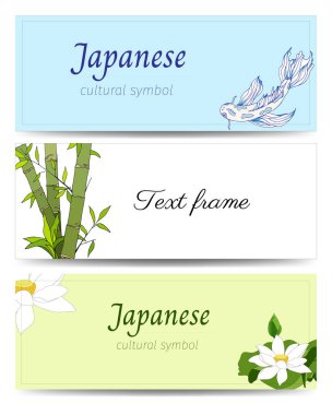Bambu, zambak ve balıklı Japon yatay afişleri. Poster ve reklam tasarımı için ulusal semboller içeren metin çerçevesi. Vektör illüstrasyonu