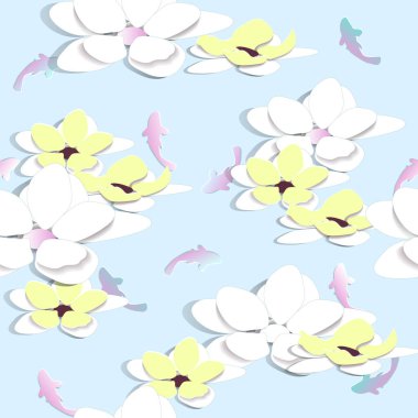 Japon tarzında kusursuz desenler. Kağıt, turkuaz arka planda çiçek kesiyor. Origami vektörünün kumaş, ev yapımı, yatak örtüsü için sonsuz dokusu.