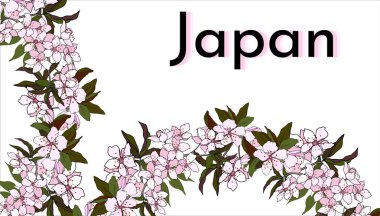 Japon sakuralı çiçek düğün afişi. Pembe çiçeklerin vektör el çizimi çizimi. Davetiyeler, selamlar ve seyahat reklamları için metin çerçevesi.