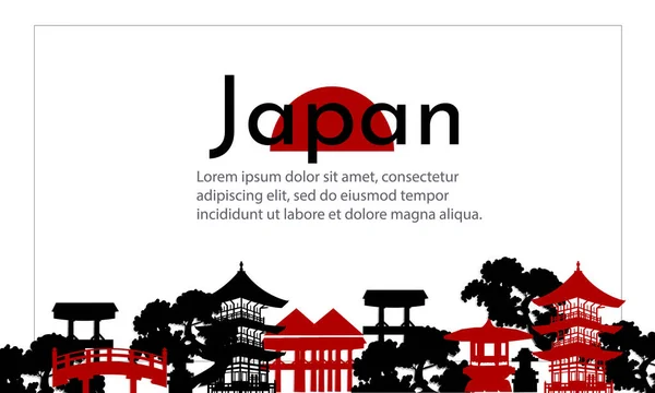 Geleneksel binaların Japon bayrağı. Siyah-beyaz vektör çizimi. Seyahat, davetiye ve reklam afişi.