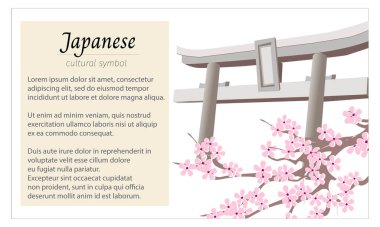 Torii kapısı ve sakura çiçekleri sembollü Japon bayrağı. Sunumlar, kartpostallar ve seyahat posterleri için düz bir şekilde vektör illüstrasyonu. Bilgi kartı.