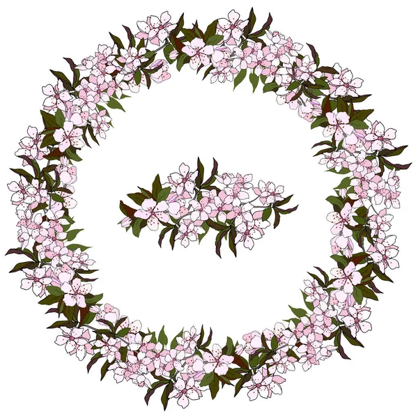 Corona Floral Primavera Flores Rosadas Adorno Japonés Hecho Sakura Almendra — Vector de stock