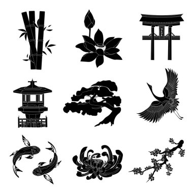 Japon siyah simgeleri beyaza kesilmiş. Ulusal sembolün siluetlerinin siyah beyaz çizimleri..