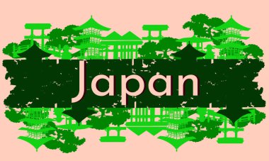 Japon vektör seyahat bayrağı. Düz bir tarzda parlak geleneksel Japon mimarisi. Vektör illüstrasyonu.