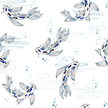 Beyaz arkaplanda balık deseni var. Tekstil, kağıt ve yatak için elle çizilmiş vektörsüz doku.