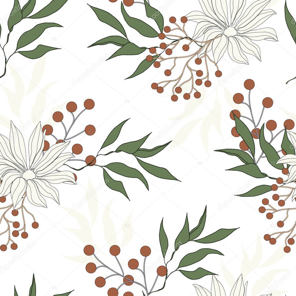 Light floral seamless pattern. Large flowers with green leaves on a white background. Vector hand drawn gentle illustrations for fabrics, bedding, kitchen textiles and curtains.