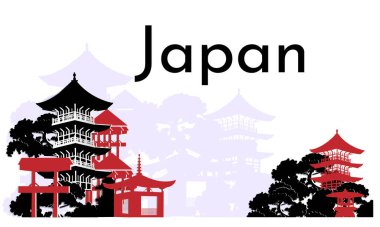 Ulusal evleri ve pagodaları olan bir Japon bayrağı. Seyahat posteri, sunumu ve reklamı için düz bir şekilde vektör illüstrasyonuName.