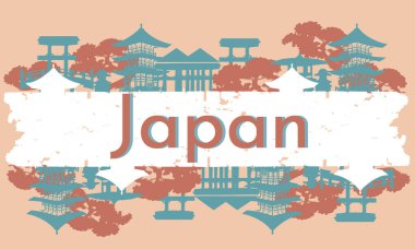 Pastel renklerde Japon afişi. Ulusal sembollerin sunum, poster ve reklamcılık için düz bir şekilde gösterimi.
