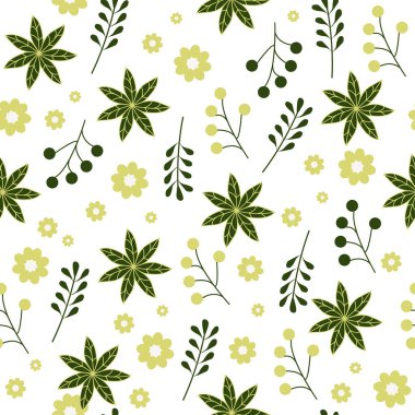 Ev yapımı tekstil için pürüzsüz desen. Kumaş için beyaz arkaplanda yeşil ve sarı çiçekler.