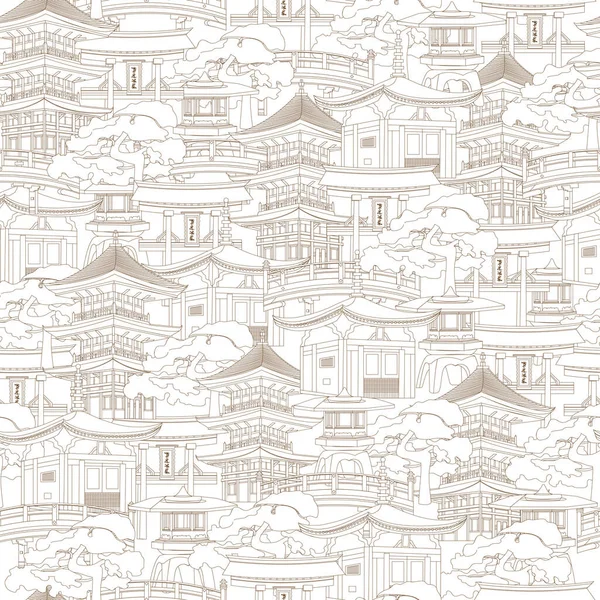 Contour Japanese architectural seamless pattern. Set of national houses and weather on a white background.