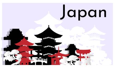 Japon yatay bayrağı. Kırmızı ve siyah evleri olan bir poster..