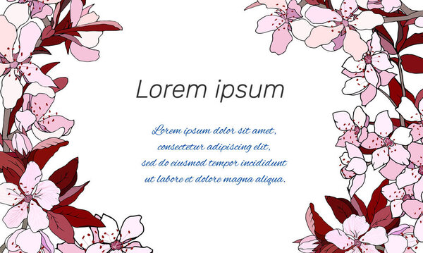 Frame for text with pink flowers. Hand-drawn ink vector illustration for signatures, tags, invitations and greetings.