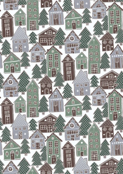 Lebkuchenstadt Nahtloses Vektormuster Geschmückte Lebkuchenhäuser Und Weihnachtsbäume Formen Süßes Stadtmuster — Stockvektor