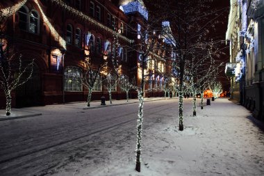 Ağaçlar ve binalar beyaz çelenklerle süslenir ve geceleri parlar..