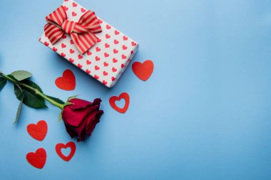 Kırmızı kalpli hediye kutusu ve mavi arka planda gül.
