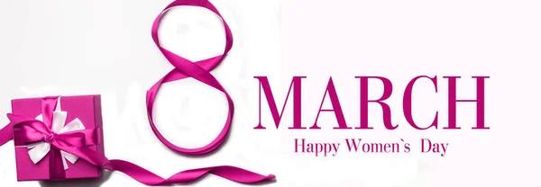 8 March. Happy Womens Day text. Decorative pink bow with gift box isolated on white background. — Stock Photo, Image