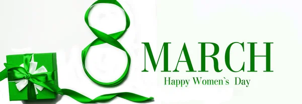 March Happy Womens Day Text Decorative Green Bow Gift Box — Stock Photo, Image