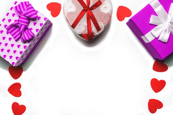 Gift Boxes Hearts White Background Isolated Valentines Day International Womens — Stock Photo, Image