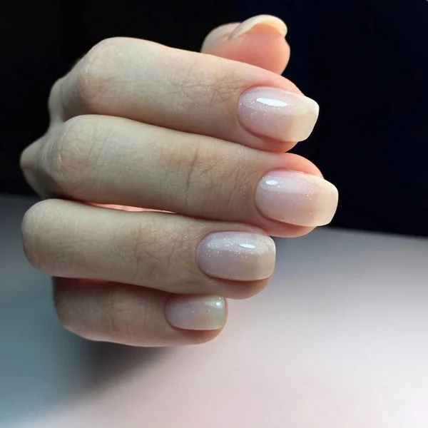 Woman Hands White Nails Dark Background Nail Varnishing White Color — Stock Photo, Image