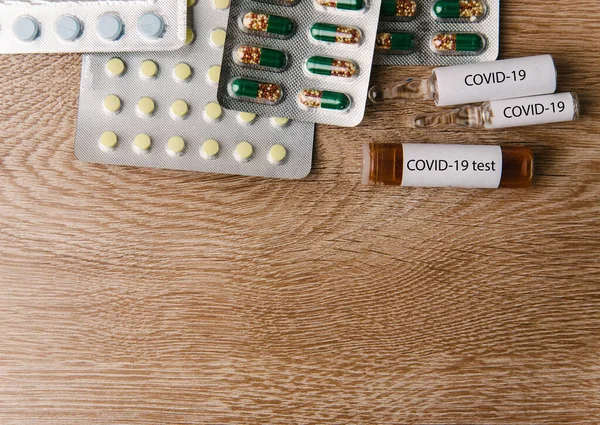Coronavirus Covid Background Coronavirus Background Tablets Pill Packs Face Mask — Stock Photo, Image