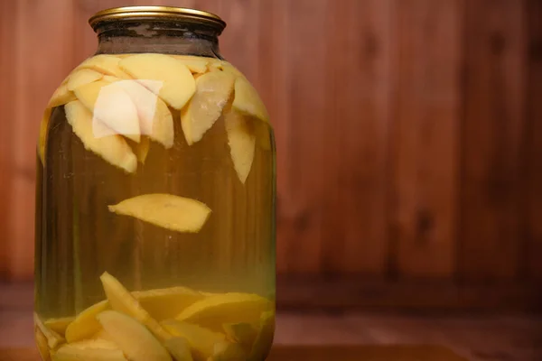 Canned Quince Fruit Compote Glass Jar Canned Fruit Compote Wooden — Stock Photo, Image