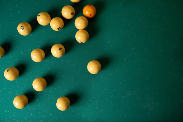 Yellow Billiard Balls Green Billiard Table Top View Close — Stock Photo, Image